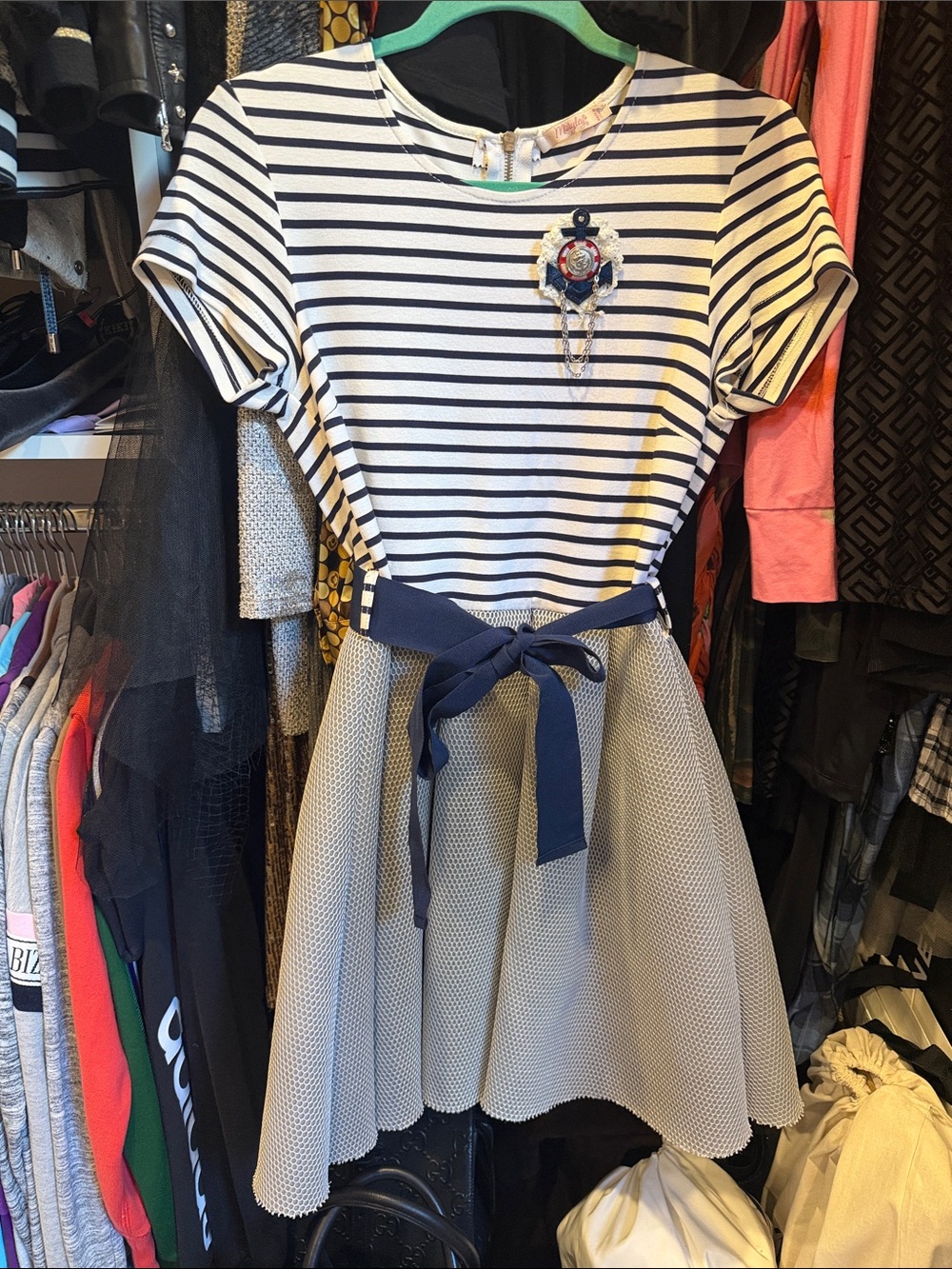 Navy & White Striped Midi Dress with Navy Waist Tie